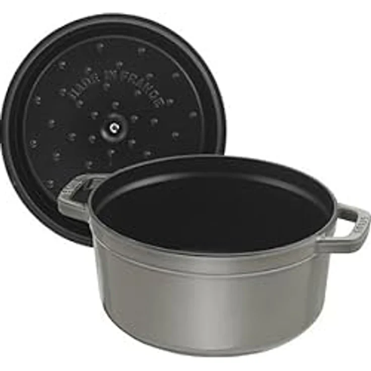 Staub 1102618 Cocotte-Bräter, rund mit Deckel 26 cm, 5,0 L, mit mattschwarzer lierung im Inneren des Topfes, graphitgrau – Bild 2