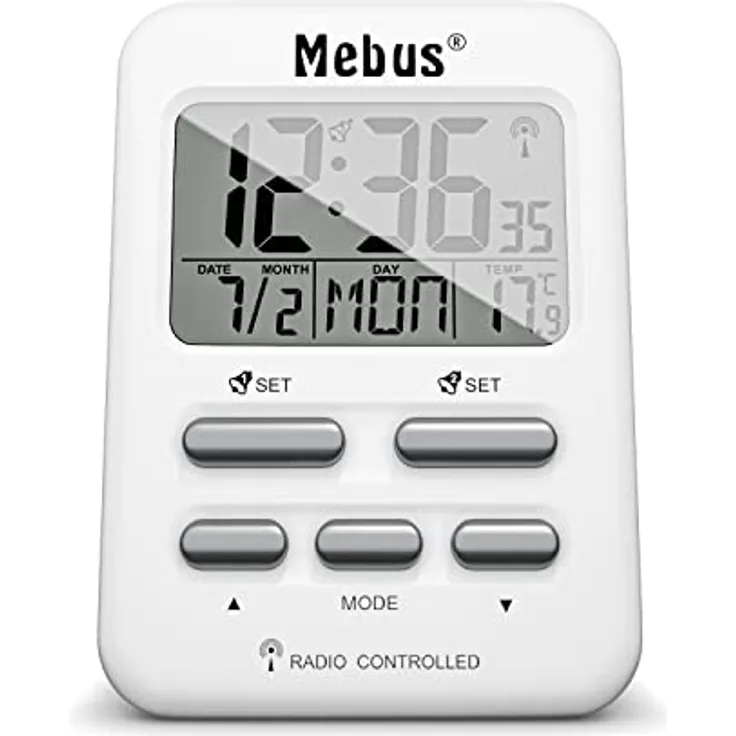 Mebus Funkwecker 25800, Reise-Wecker mit Temperaturanzeige, DCF77 Funkuhr, zwei Weckzeiten, Snooze-Funktion, Datum und Wochentag, weiß