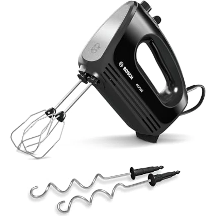 Bosch Clever Mixx MFQ24200 Handrührer, moderne Motortechnik, 2 Tubobesen, 2 Edelstahl-Knethaken, 4 Geschwindigkeitsstufen, 400 W, schwarz – Bild 1