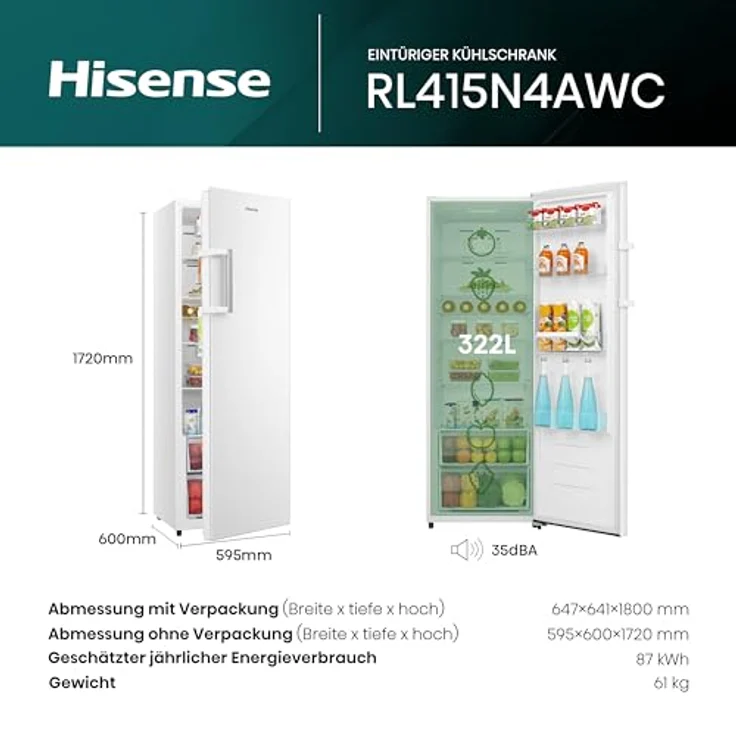 Hisense RL415N4AWC Kühlschrank ohne Gefrierfach, 292 l Kühlvolumen, CrispZone-Schublade, LED-Innenbeleuchtung – Bild 3