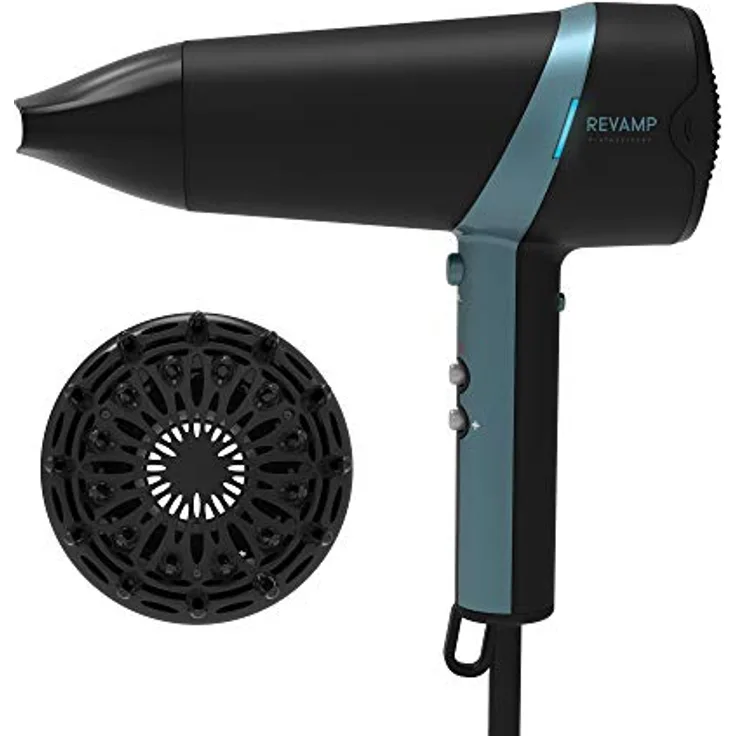 REVAMP Progloss Haartrockner Ionen 2300W - Leichter, tragbarer Föhn mit Glättungsdüse und Volumenaufsatz, Ionenfunktion und mit Progloss Ölen Keratin, Kokosnuss & Argan angereichert, schwarz/blau