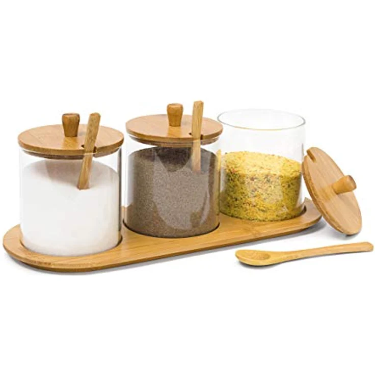 Relaxdays Gewürzgläser JIAO HBT: 12 x 31 x 12 cm Bambus Gewürzhalter für 3 Gewürzbehälter aus Glas mit passenden Löffeln als Alternative zu Gewürzständer und Gewürzregal für Küche und Esstisch, natur – Bild 2