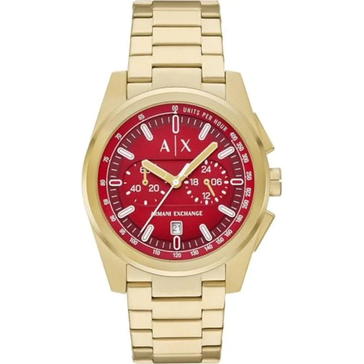 Armani Exchange Herren Analog Quarz Uhr mit Edelstahl Armband AX2863, 42mm Gehäuse, rotes Zifferblatt, goldfarben – Bild 1