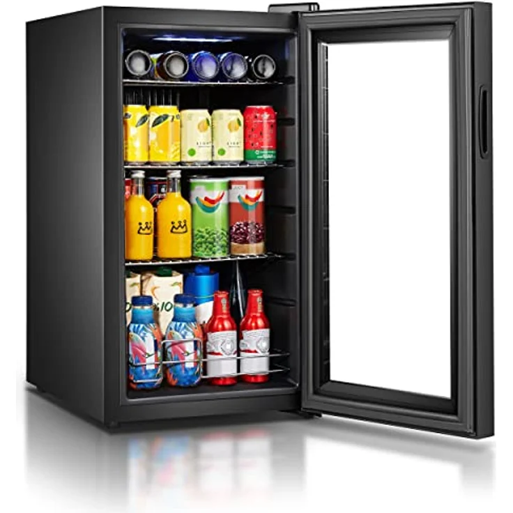 Heinrich's Mini Kühlschrank mit Glastür, 74 Liter, leise 40 dB, LED-Beleuchtung, Temperatur 5-18°C, ideal für Büro und Camping, schwarzes Design – Bild 3