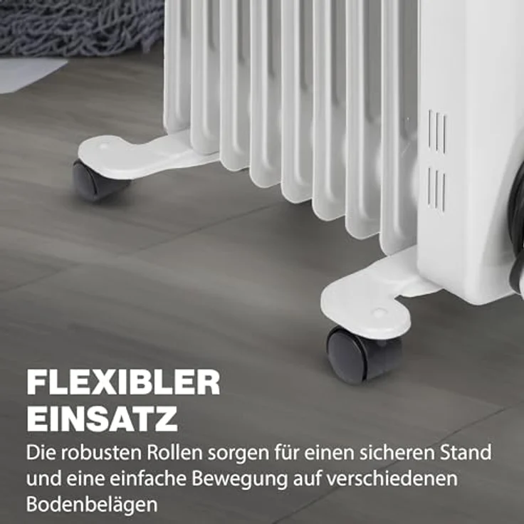 Clatronic RA 3736 9 Rippen-Ölradiator, mobiler Heizkörper bis 2000 Watt, Wärmeregulierung über stufenlosen Thermostatregler, Flexibler Einsatz durch 4 Leichtlaufrollen, Slimline-Bauweise, weiß, Radiator – Bild 5