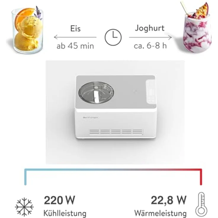 Springlane Eismaschine & Joghurtbereiter mit Kompressor, inkl. Rezeptheft, 2 l, 180 W, Elisa + 2 Aufbewahrungsbehälter Grau – Bild 3