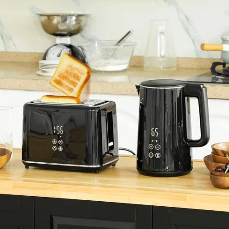HOMCOM Toaster und Wasserkocher Set, 1,5L Wasserkocher mit 2200W und 7 Temperatureinstellungen, Toaster für 2 Scheiben mit 7 Bräunungsstufen, Schwarz/Silber – Bild 2