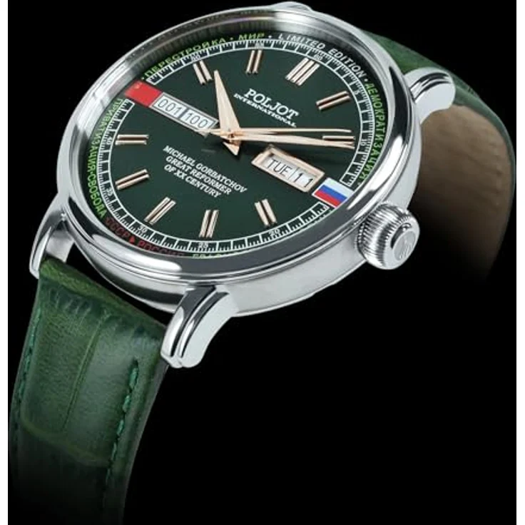 Poljot-International Herrenuhr Automatik Gorbatchov, grün, Edelstahlgehäuse, Lederarmband, kratzfest, leuchtend, Kalenderfunktion – Bild 5