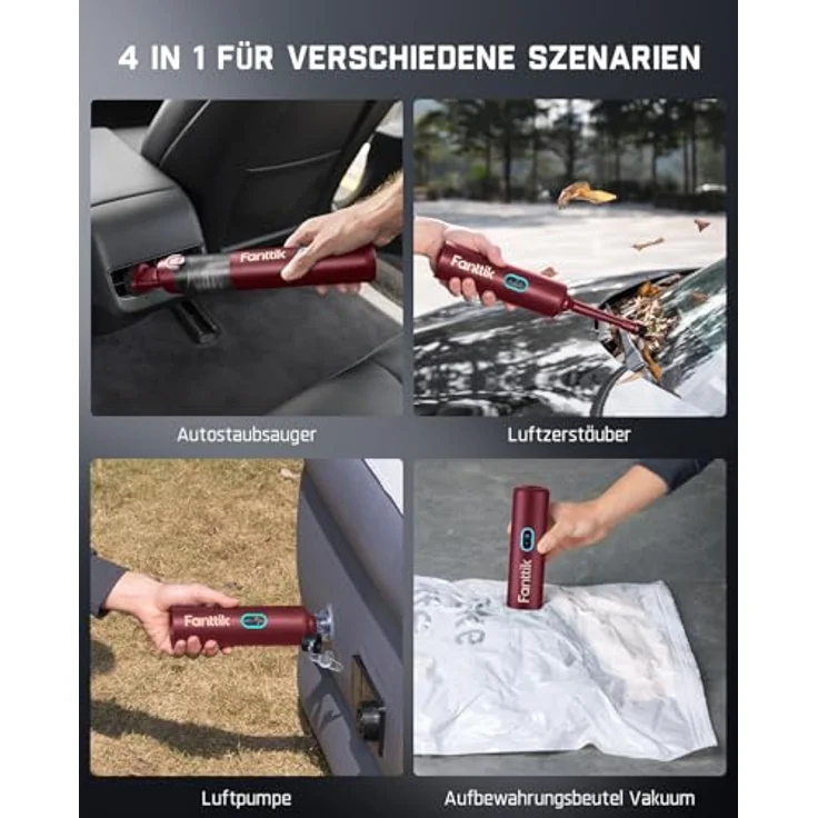 Fanttik Slim V8 Apex Akku-Autostaubsauger, 19000 Pa Saugkraft, 4-in-1 Multifunktion, tragbar, Rot – Bild 2