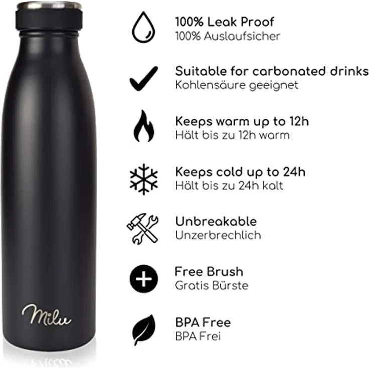 Milu Thermoflasche 350ml 500ml 750ml 1L 1,5L Isolierte Edelstahl Trinkflasche Thermoskanne Auslaufsichere Isolierflasche doppelwandig für heiße und kalte Getränke, Kohlensäure geeignet (Schwarz, 1L) – Bild 2