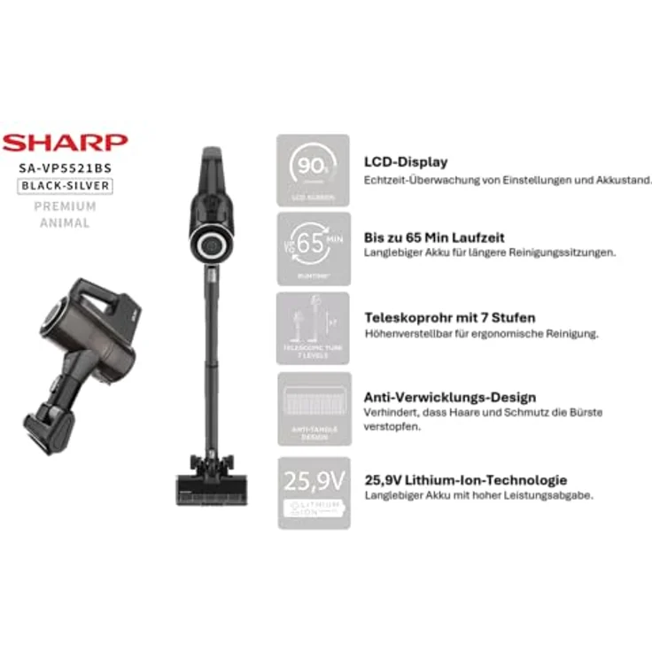 SHARP SA-VP5521BS, Kabelloser Staubsauger mit 450W BLDC-Motor, Automatischem Sensor, HEPA H13-Filter, 65 Minuten Laufzeit, LED-Display – Bild 3