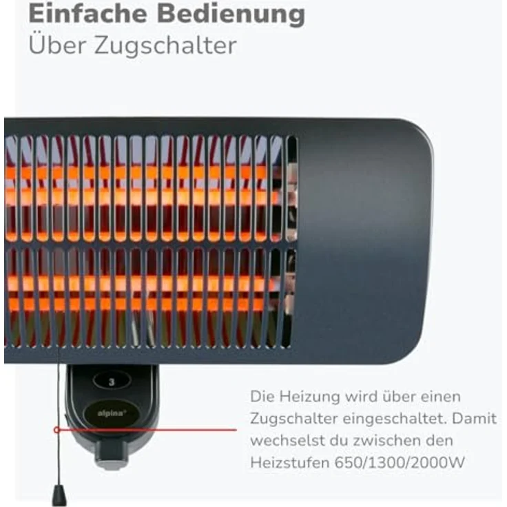 alpina Infrarotheizung Hängend Heizstrahler 2000W, 3 Heizstufen, spritzwassergeschützt IP34, Terrassenheizung schwarz – Bild 5