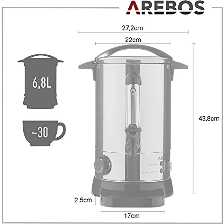 Arebos Glühweinkocher AR-HE-GKE68L, 6,8 L Heißgetränke- und Einkochautomat mit Überhitzungsschutz und Temperaturregelung 30–110 °C, Edelstahl, 950 W – Bild 7
