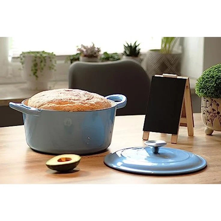 Echtwerk Schmortopf Gusseisen Gusseisentopf Bräter mit Deckel Brotbacktopf rund Grill BBQ Induktion Creme, 3,5 L Hellblau – Bild 5