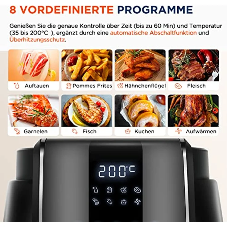 Midea MF-CN40C2 Heißluftfritteuse 4L, Ölfreie Airfryer 1500W, 8 Vorprogrammierte Kochmodi, 35-200℃, Backen, Braten, Grillen, Auftauen, Schüttelalarm, 60-Minuten Timer, 81 Rezepten, Spülmaschinenfest – Bild 5