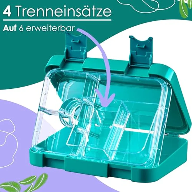 ecosa YummyBuddy Snackbox, Brotdose für Kinder mit 6 Fächern, auslaufsicher, BPA-frei, spülmaschinenfest, Pauli Petrol – Bild 3