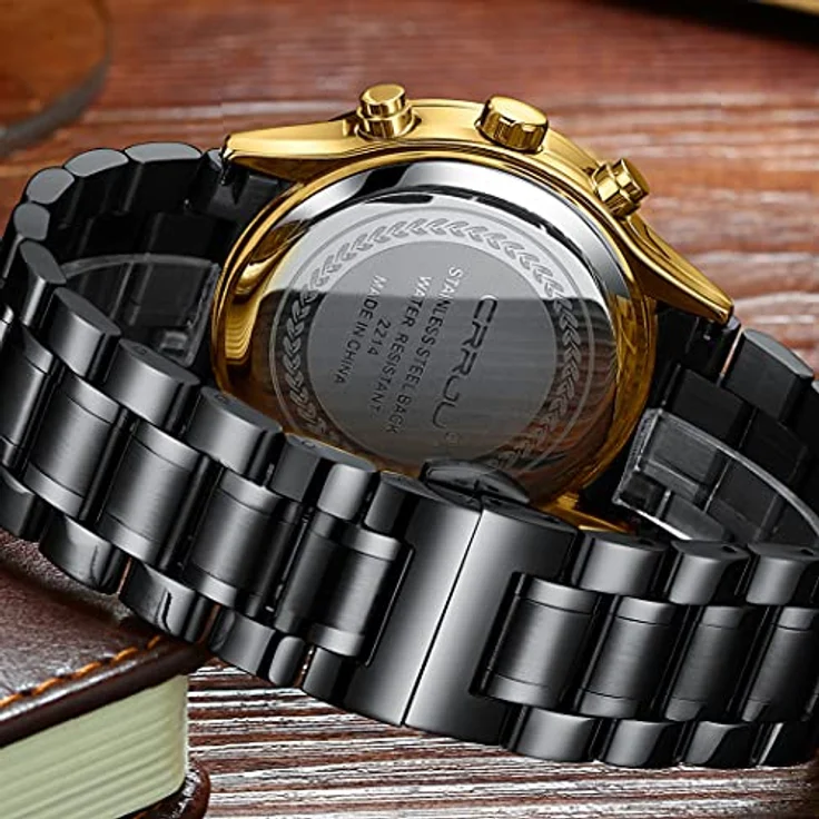 CRRJU Herren Armbanduhr Chronograph mit wasserdichtem Edelstahlarmband, analoges Quarzwerk, automatischer Kalender, Schwarz-Gold – Bild 4