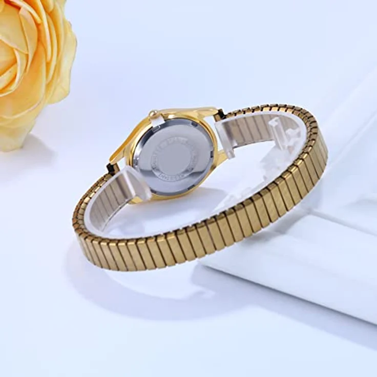 JewelryWe Uhren Damen Elastisch Edelstahl, klassische Quarz Armbanduhr mit goldfarbenem Stretch-Armband und großen arabischen Zahlen Zifferblatt – Bild 5