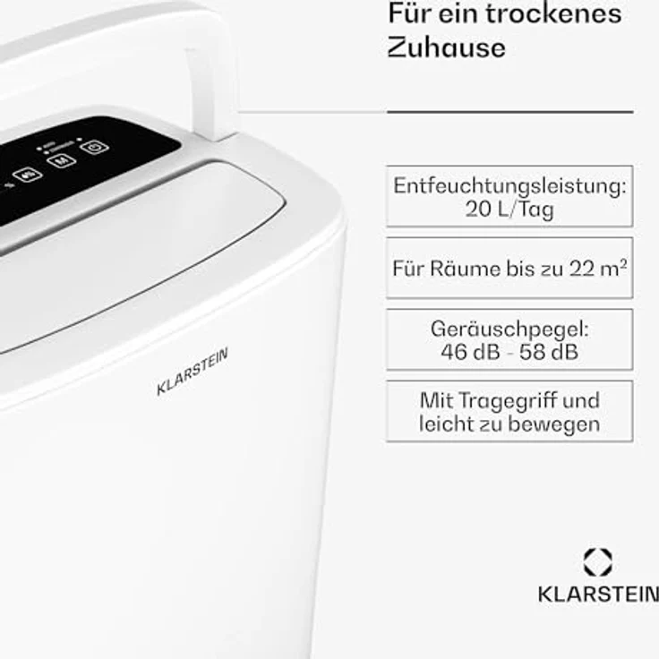 Klarstein DryFy 20L Luftentfeuchter - 400W, 20L/Tag, 5L Tank, 46dB Leise, Auto-Swing, Timer, Wäschetrocknungsmodus, Elektrisch - Weiß – Bild 2