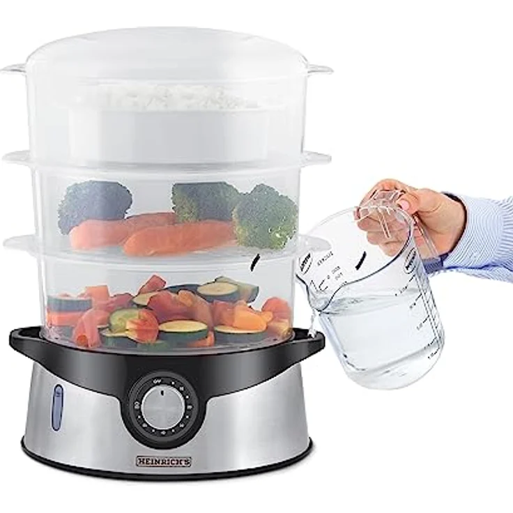 Heinrich´s Dampfgarer HDA 8501, 800,00 W, Dampfkocher, Timerfunktion, 800 Watt, Edelstahl, 3 stapelbare Etagen, 9 Liter Fassungsvermögen, BPA-frei – Bild 5