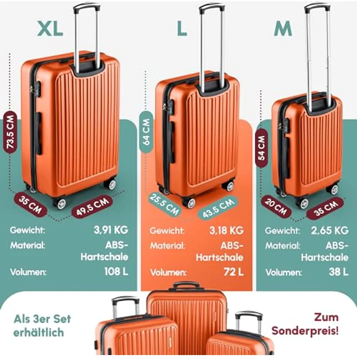 Easy Move ABS Hartschalenkoffer, Mittelgroßer Trolley Koffer mit 360° Rädern, Zahlen-Schloss, Ergonomischer Griff, orange, 65 cm – Bild 5