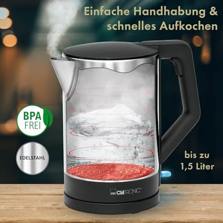 Clatronic WKS 3692 Wasserkocher 1,5 L, verdecktes Edelstahlheizelement, automatische Abschaltung, Basisstation mit Kabelaufwicklung, 2200 W, Schwarz - Edelstahl – Bild 3