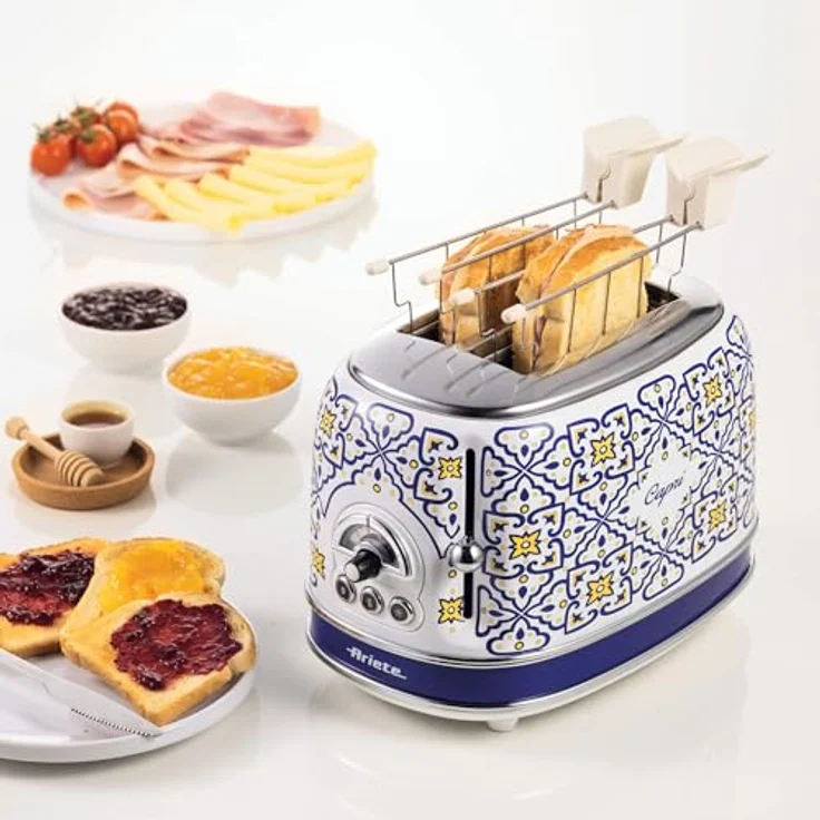 Ariete 155 Capri-Toaster, 810 W, 2 Scheiben, 6 Bräunungsstufen, Krümelschublade, Defrost-Funktion, automatischer Auswurf, mit Zange, mediterraner Stil, blau – Bild 2