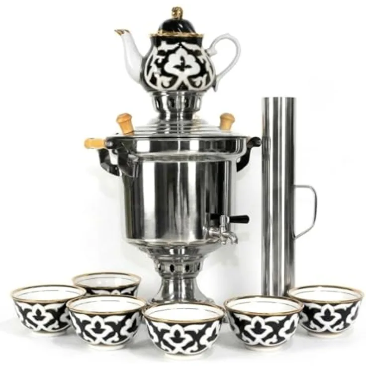 BIG-PAN Samowar 5 Liter aus Edelstahl mit Schornstein, Holzfeuer Teeservice Pahta Gul (7-teilig) in blau Porzellan