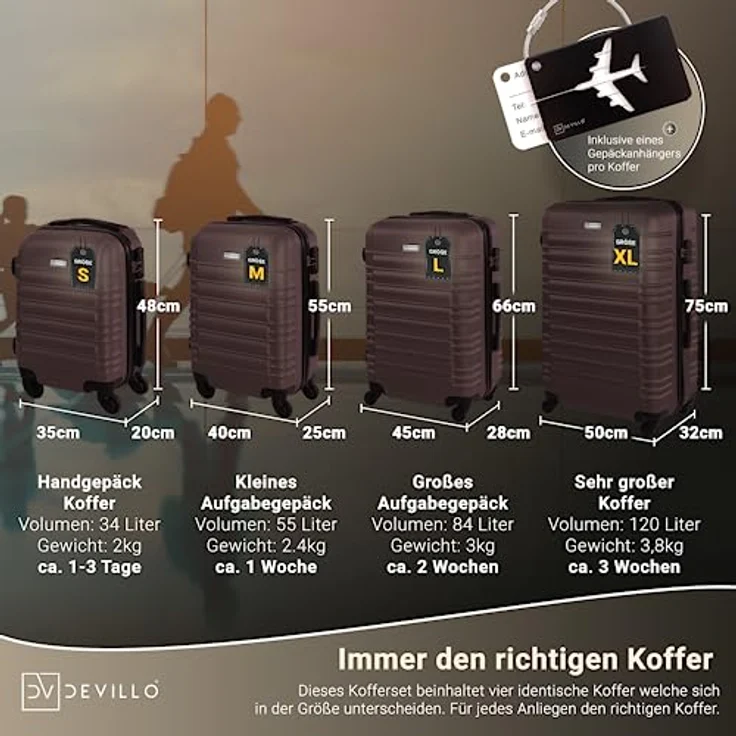 Devillo® Hartschalenkofferset 4tlg. S-M-L-XL in Braun, ABS-Hartschale mit TSA-Zahlenschloss, 4 Rollen, Teleskopgriff, inkl. digitaler Kofferwaage und Gepäckanhängern – Bild 3