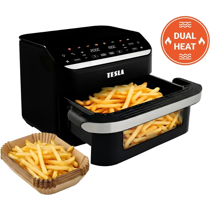 TESLA AirCook DualHeat QD575 XXL, digitale Heißluftfritteuse mit zwei Anzeigen, Schwarz