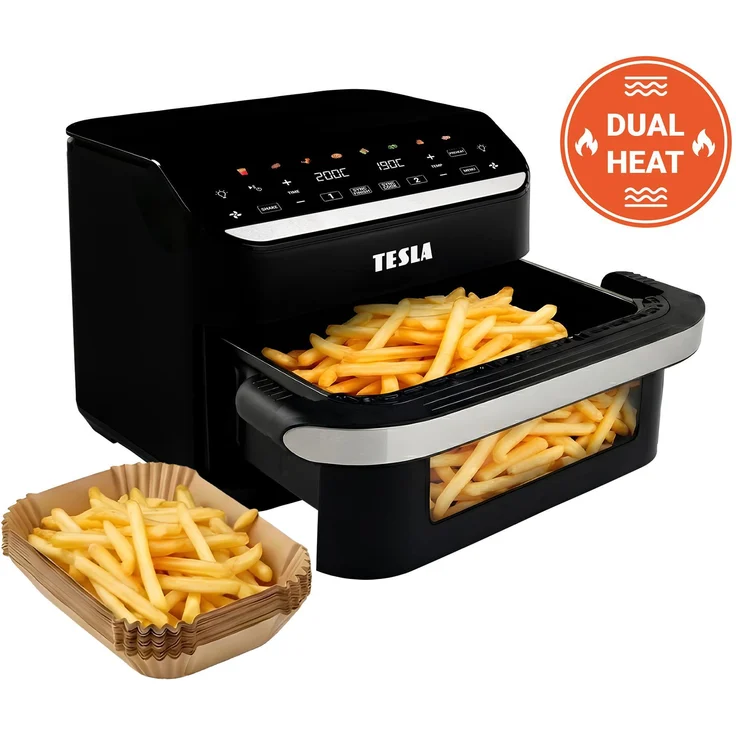 TESLA AirCook DualHeat QD575 XXL, digitale Heißluftfritteuse mit zwei Anzeigen, Schwarz