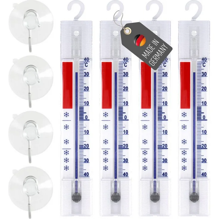 Lantelme Kühlschrankthermometer Set 4 Stück, mit Saugnapf, Temperaturbereich -40 bis +40°C, weiß