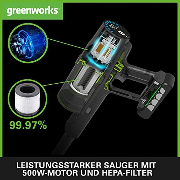 Greenworks GD24SV Kabelloser Staubsauger, hohe Saugleistung, 45 Minuten Laufzeit, Hepa-Filter, Tierhaaraufsatz, 3 Leistungsstufen OHNE Akku und Ladegerät, 3 Jahre Garantie – Bild 3