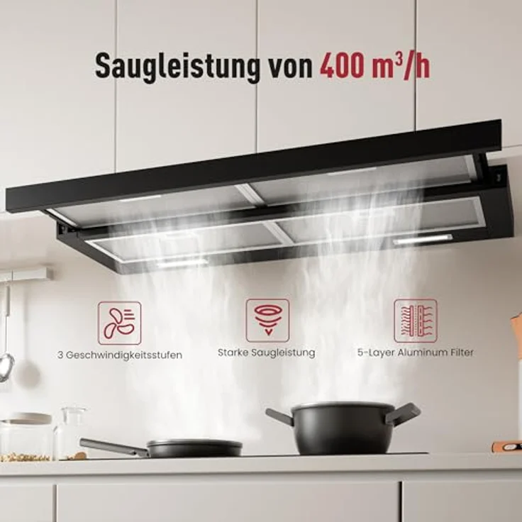 LEVIVO A+++ Flachschirmhaube 90 cm, Einbau Dunstabzugshaube mit 400 m³/h, Umluft & Abluft, 2 Aktivkohlefilter, 4 Fettfilter, 2 Stufen, 2 LEDs, Edelstahl – Bild 2