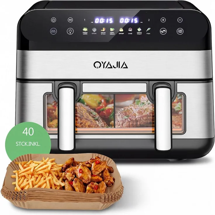 oyajia Heißluftfritteuse 10L Doppelkammer, 2600W mit Touchscreen, 8 in 1, transparente Sichtfenster, leicht zu reinigen