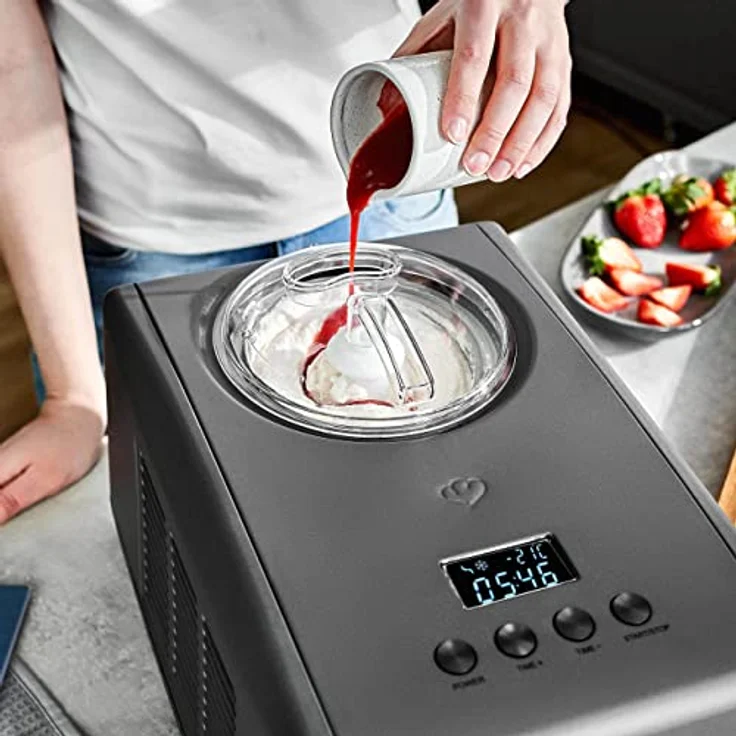 Springlane Kitchen Eismaschine Emma 1,5 L mit selbstkühlendem Kompressor 150 W, aus Edelstahl, inkl. Rezeptheft (Anthrazit, Eismaschine + Zusatzbehälter Edelstahl) – Bild 5