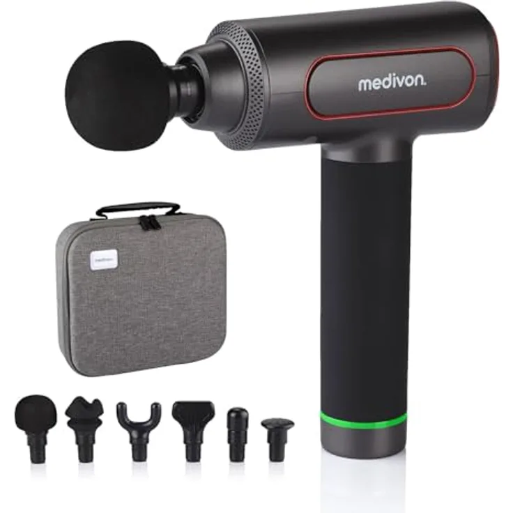 Medivon Gun PRO tragbare Massagepistole 6 Massageköpfe leiser Motor Tiefenmassage für Rücken, Nacken, Bein und Arm Muskeln Tragetasche - schwarz