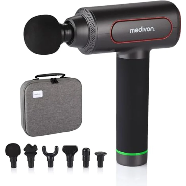 Medivon Gun PRO tragbare Massagepistole 6 Massageköpfe leiser Motor Tiefenmassage für Rücken, Nacken, Bein und Arm Muskeln Tragetasche - schwarz – Bild 1