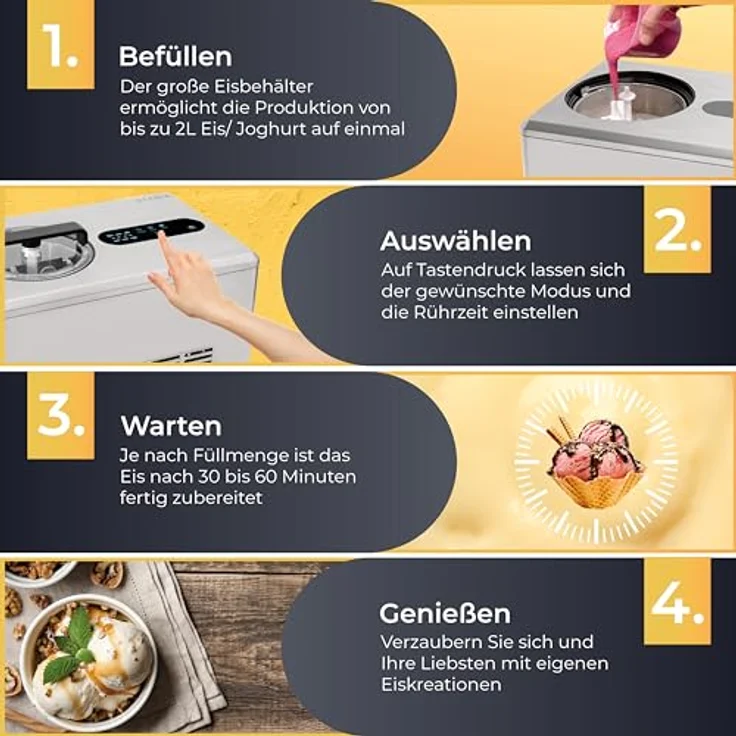 KLAMER 2-in-1 Eismaschine & Joghurtbereiter 2 L, 220 W, Edelstahl, selbstkühlender Kompressor, inkl. Konsistenzsteuerung – Bild 5