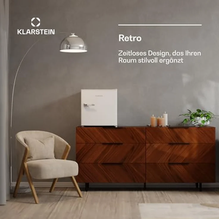 Klarstein Irene 46L Retro Mini-Kühlschrank, Leiser Betrieb mit 37 dB, Einstellbares Thermostat, Energieeffizient, Weiß – Bild 3
