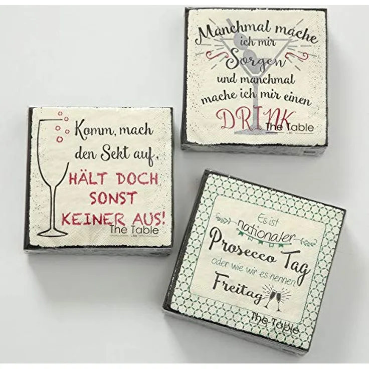 BOLTZE Cocktailservietten 20tlg, 3 verschiedene Motive (Prosecco, Sekt, Drink), 3-lagig, chlorfrei gebleicht, 24 x 24 cm