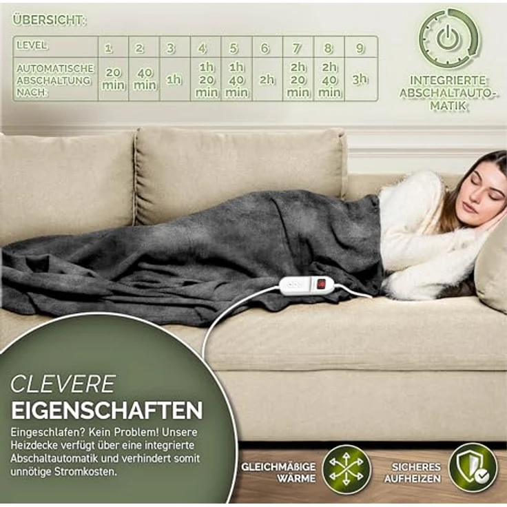 sinnlein Heizdecke aus Plüsch 200 x 180 cm anthrazit elektrische Wärmedecke mit Abschaltautomatik und Timer 9 Temperaturstufen waschbar – Bild 6