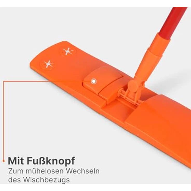 Bodenwischer Set ( Orange ) inkl. 4 Ersatzbezüge - Wischmopp mit Fußklick 360 Grad Gelenk für alle Ecken - Komfort Bodenreiniger Flachmopp Wischmopp – Bild 4