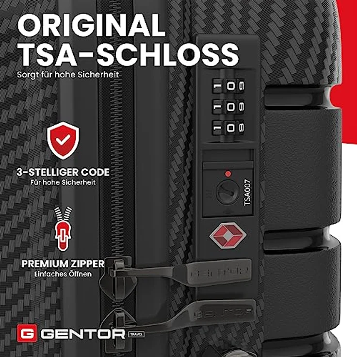 GENTOR Koffer Reisekoffer mit Rollen Carbonoptik Hartschalenkoffer Trolley Handgepäck mit TSA-Schloss Rollkoffer Leicht Travel Klein Handgepäck (Schwarz, M) – Bild 4
