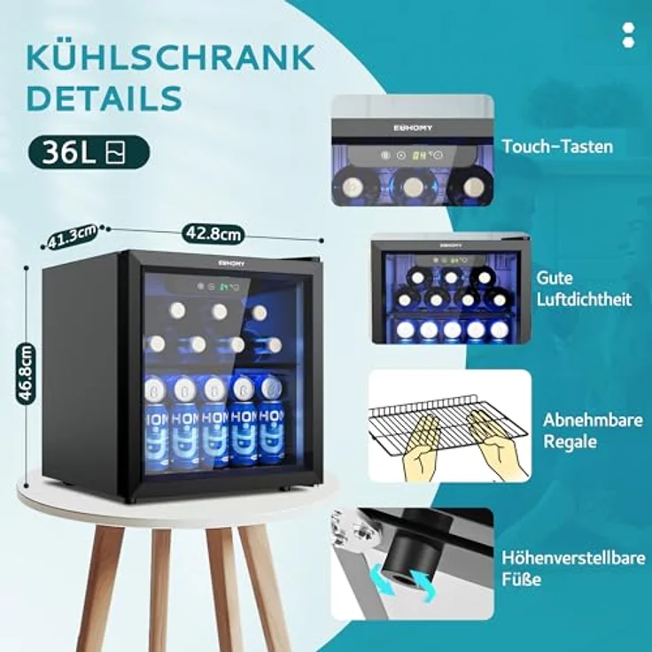 EUHOMY Getränkekühlschrank, Mini Kühlschrank mit Glastür, 36L Bierkühler für 55 Dosen, Schwarz, Geräuscharm mit LED-Beleuchtung, 43dB, für Büro und Bar – Bild 2