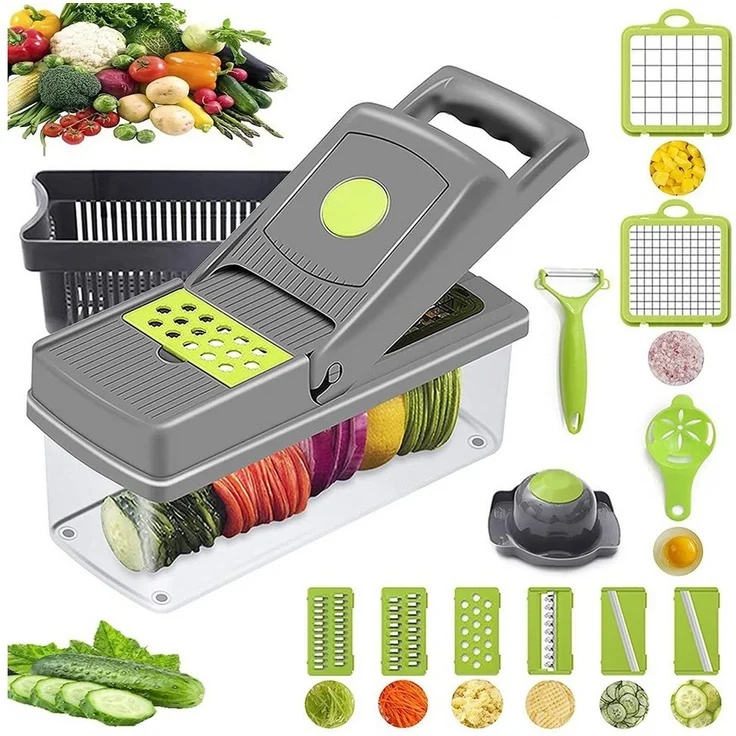 Faizee Möbel Gemüseschneider Mandoline 13 in 1, Multifunktions-Gemüsehobel mit 6 austauschbaren Separatoren, Edelstahl- und BPA-freies Material, einfach zu reinigen und zu lagern