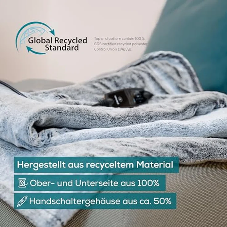 Beurer HD 75 Nordic Grey Green Planet Heizdecke, Ober-/Unterseite aus recyceltem Material, kuschelig weiche Wärmezudecke, 6 Temperaturstufen, maschinenwaschbar, mit Abschaltautomatik, 180 x 130 cm – Bild 2