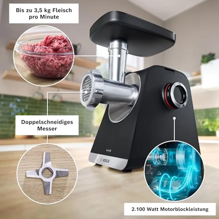 BOSCH Fleischwolf Serie 6 MFWS682B, 3,5kg/Min., Zitruspresse, Raspel, Wurststopfer, 500 W, 2 Lochscheiben (3&8mm), 10 J Motorgarantie, Planetengetriebe, schwarz – Bild 3