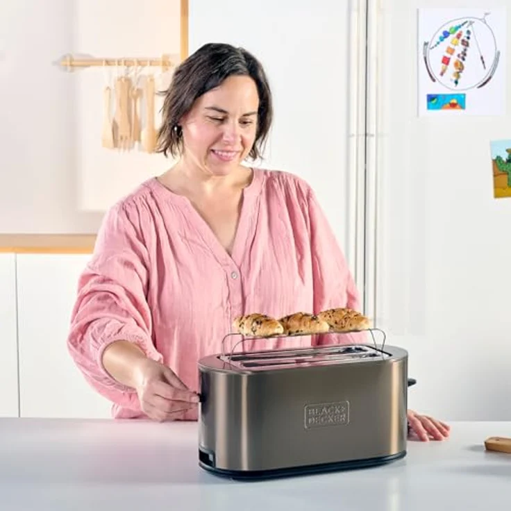 BLACK+DECKER Extra großer Toaster 1500 W | 260 x 42 mm Schlitze | 7 Bräunungsstufen | 6 Glühende Glimmerbänder | Auftauen, Aufwärmen und Abbrechen | Klappbarer Backständer, Silber – Bild 3