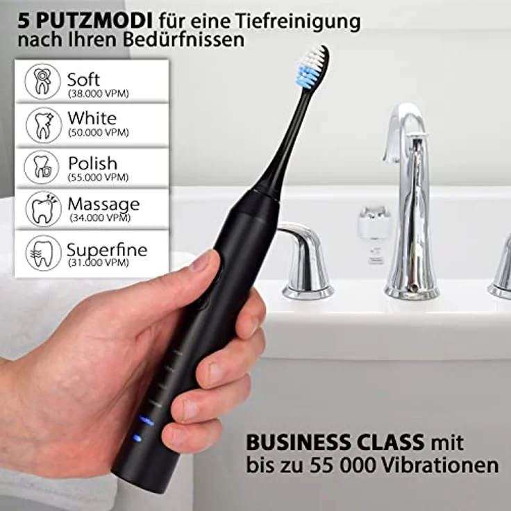 Tristan Auron Schallzahnbürste Business Class - 55.000 Schwingungen - 5 Modi - 60 Tage Akku + inkl. UV-Desinfektionsbox (Etui) + 6 Aufsätze - (Schwarz) – Bild 2
